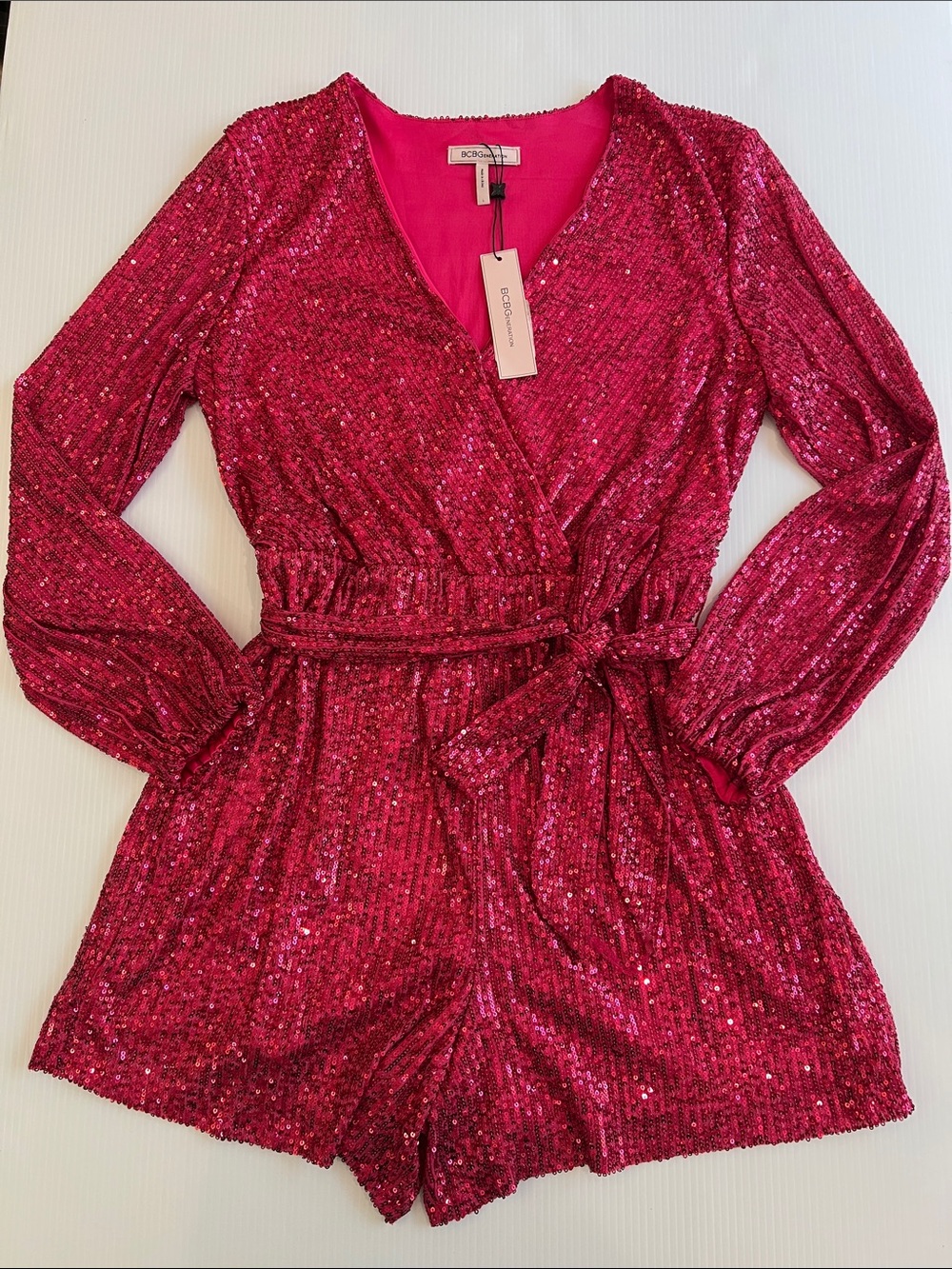New BCBGenration Women’s Pink Sequin Short Jumpsuit with belt in Size Large